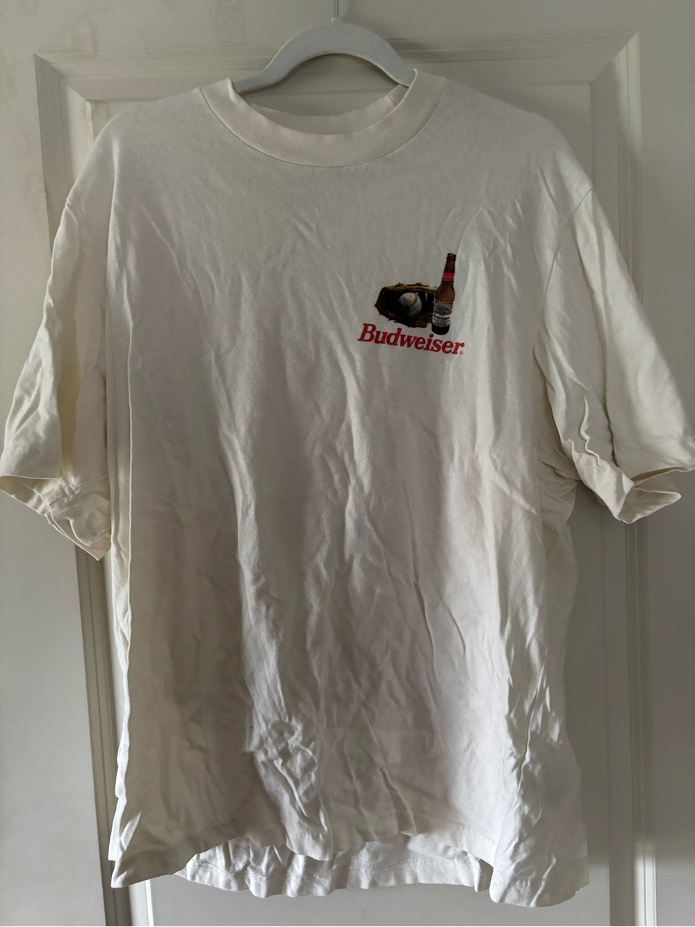 Abercrombie & Fitch Budweiser Cream Graphic Short Sleeve Tee with Red Logo